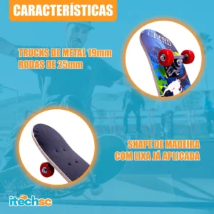 Skate Infantil Semi Profissional Montado Estampado 60cm 45kg