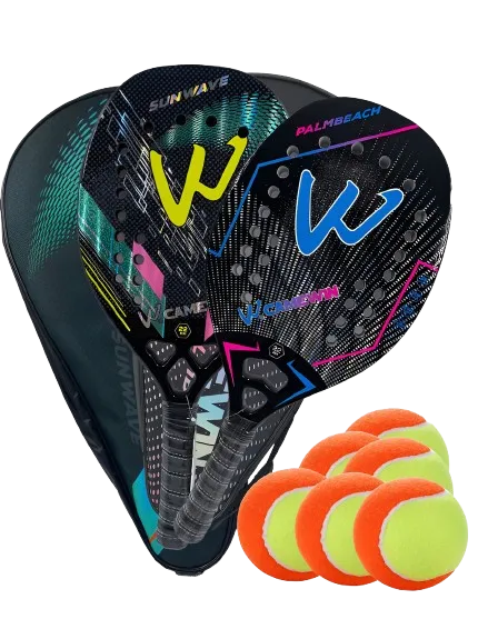 02 Raquetes Beach Tennis Carbono 3k Profissional + 06 Bolas Sunwave Palmbeach